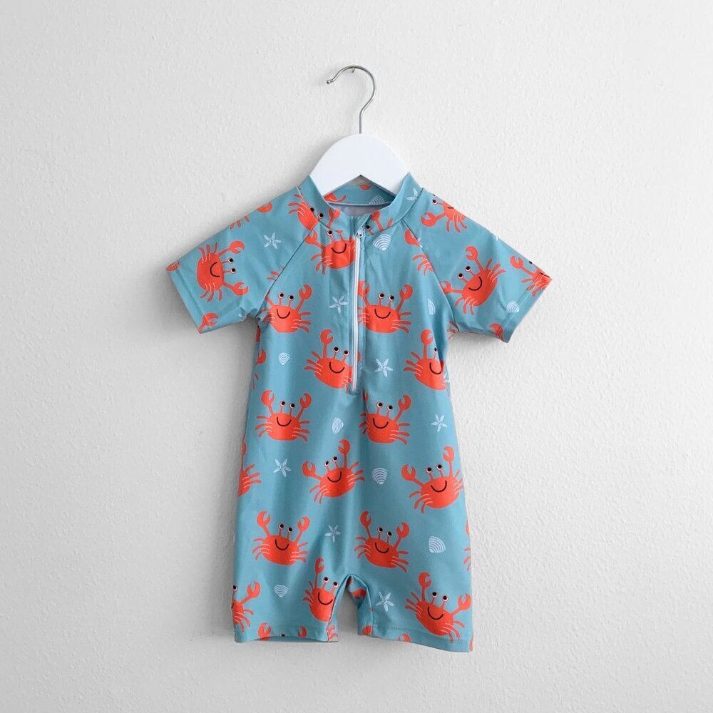 NWT Cute Boys One-Piece Swimsuit ShortSleeve Swimwear Summer Cartoon Crabs 3-6M - Picture 1 of 3